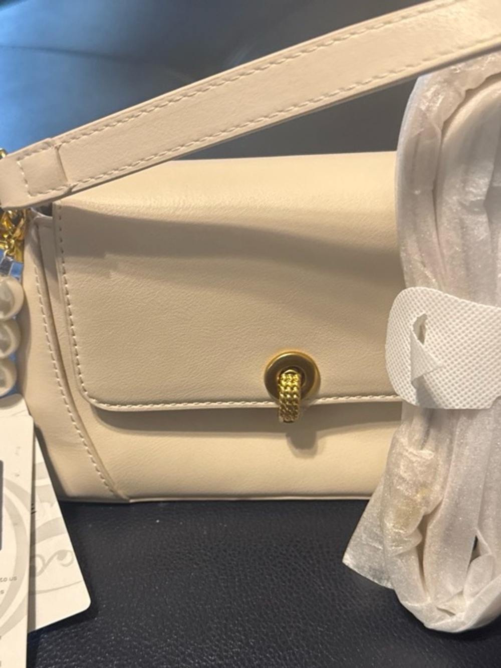 Cream Leather Crossbody Bag with Pearl Charm